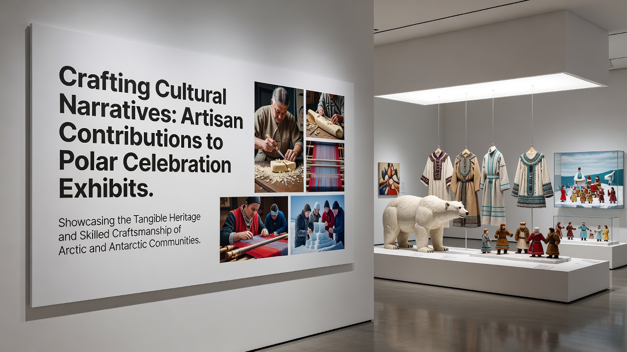 Group of artisans assembling a large-scale tapestry exhibit featuring polar motifs and symbolic figures
