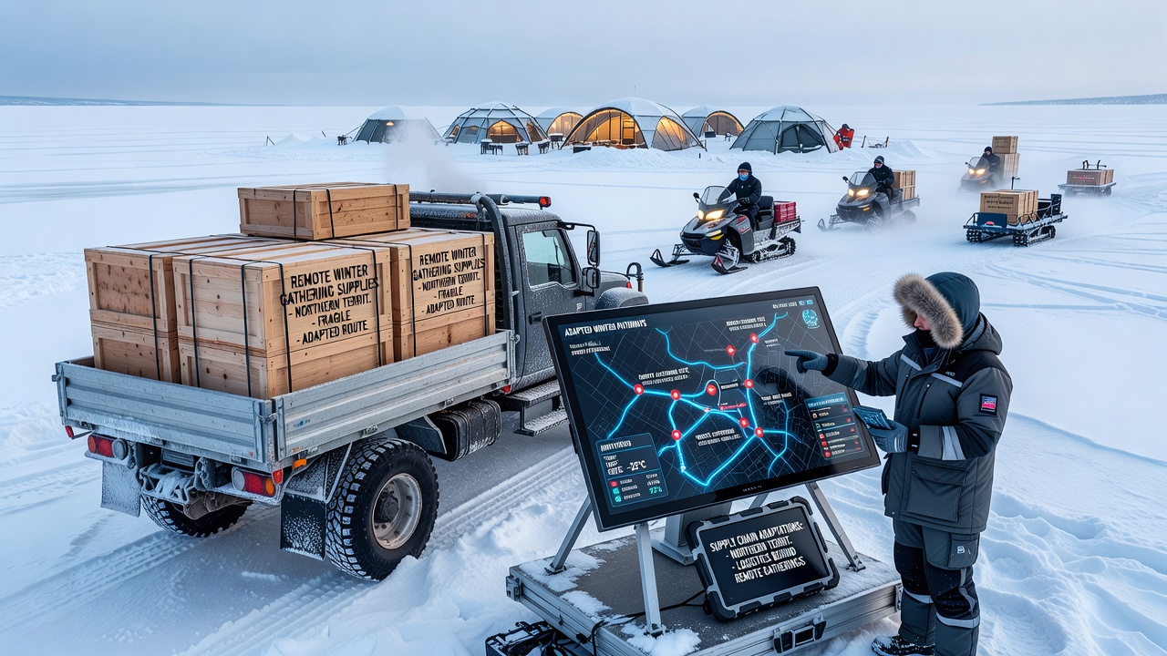 Workers unloading supplies from a cargo plane onto snow-covered ground at a remote northern gathering site